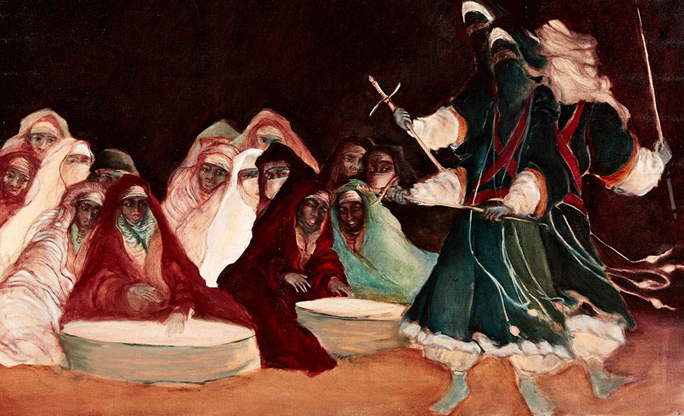 Large gathering with three dancers, 115x180cm.