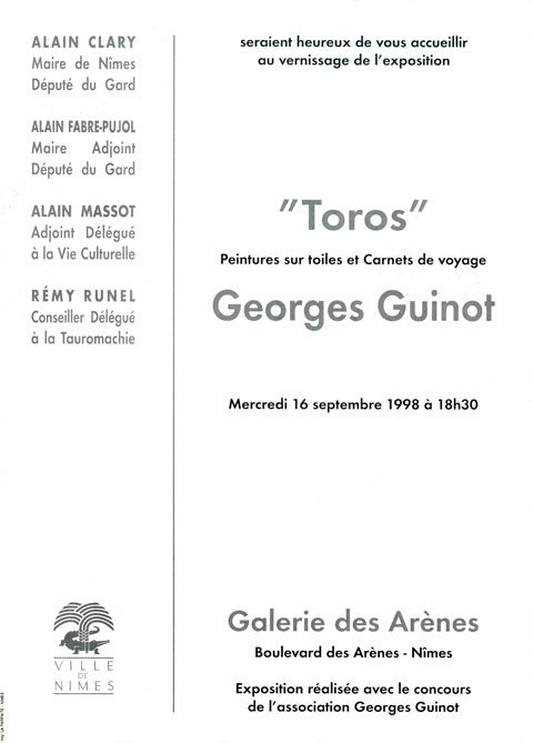 Dépliant exposition Toros, galerie des Arènes, Nimes, 1998.